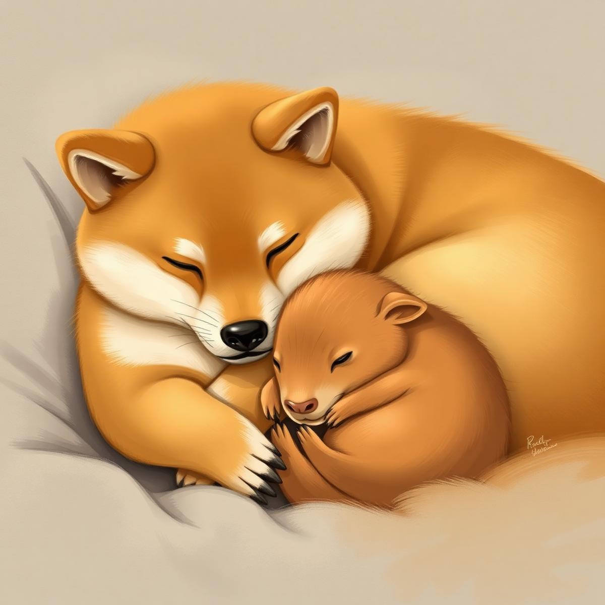 A shiba inu curled up with a sleeping baby capybara under its chin